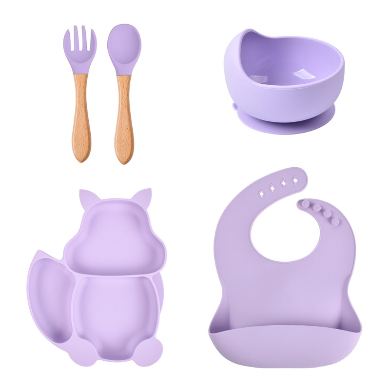 Bộ 5 Món Tô Muỗng Nĩa Tập Ăn Chia Ngăn Bằng Silicone Cho Bé Hình Chú Sóc