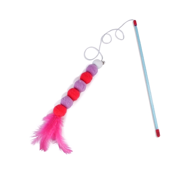 Cần câu mèo cục bông dài gắn lông vũ - Đồ chơi cho mèo vui nhộn dễ thương