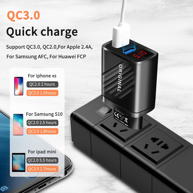 Củ Sạc Nhanh 2 Cổng USB 3.0 Có Đèn LED Cho Điện Thoại Android