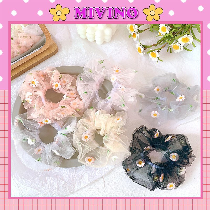 Scrunchies Mivino cột tóc vải họa tiết hoa cúc trong suốt đáng yêu SC02