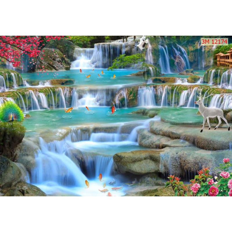 tranh Lụa 3d dán tường thác nước phong cảnh đẹp 120x80cm