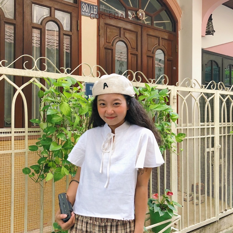Áo linen croptop cổ tàu cột nơ