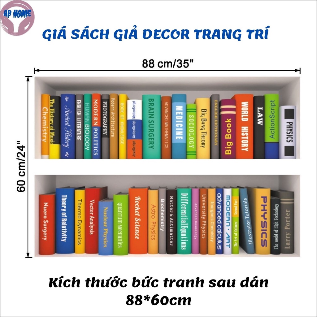 Decal giá sách giả 3D tranh trang trí nhà thư viện phòng học decor chụp ảnh