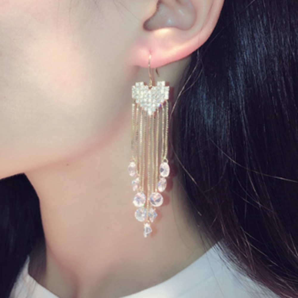Fashion Women Long Super Flash Diamond Heart Temperament Tassel Earrings Jewelry