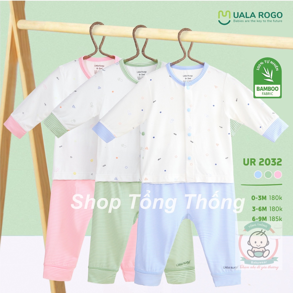 Bộ Uala Rogo Bamboo mềm mịn cao cấp thấm hút tốt dài tay sơ sinh cài giữa họa tiết viền mớii cho bé 2018 2051 2032