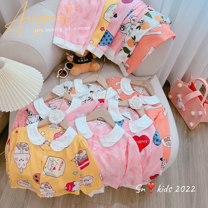 Bộ pizama lụa size đại dài tay cổ bèo bé gái 20-35kg