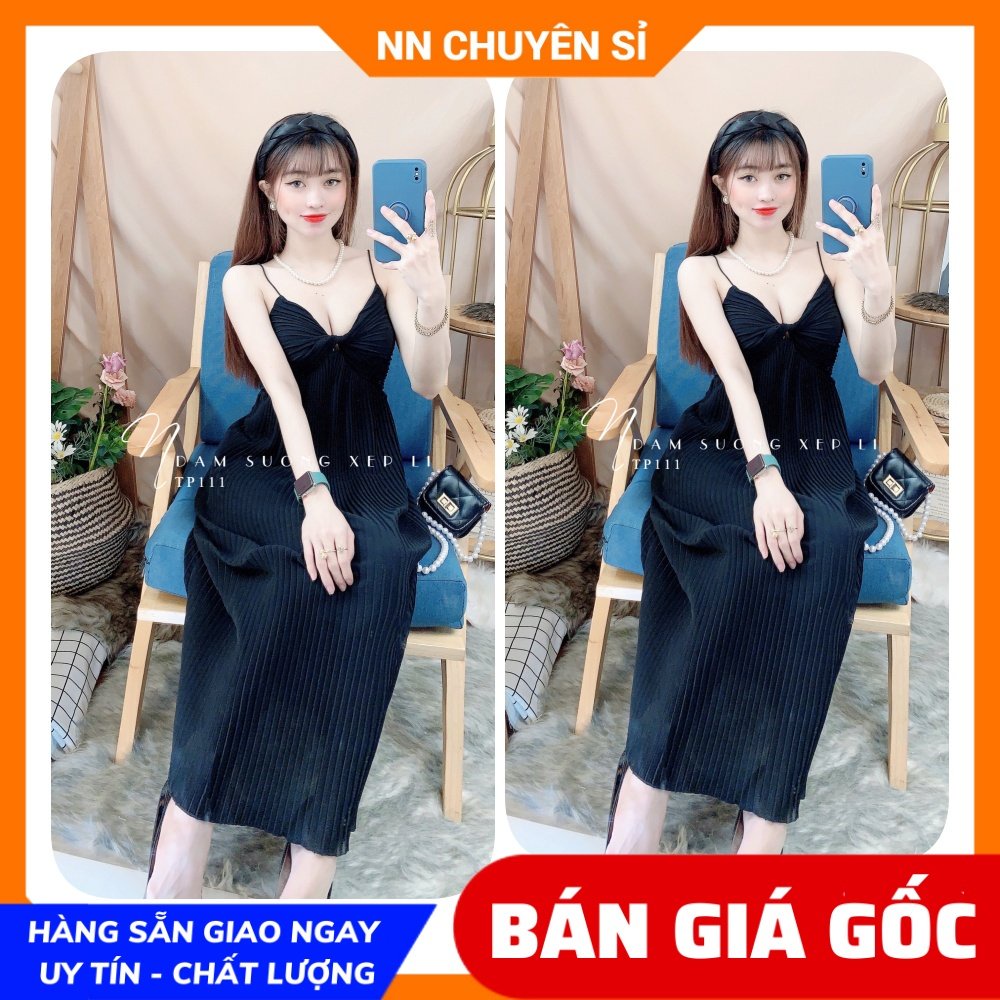Đầm voan xếp li 2 dây xoắn ngực vải mềm mát  Đầm bầu dễ thương TP111