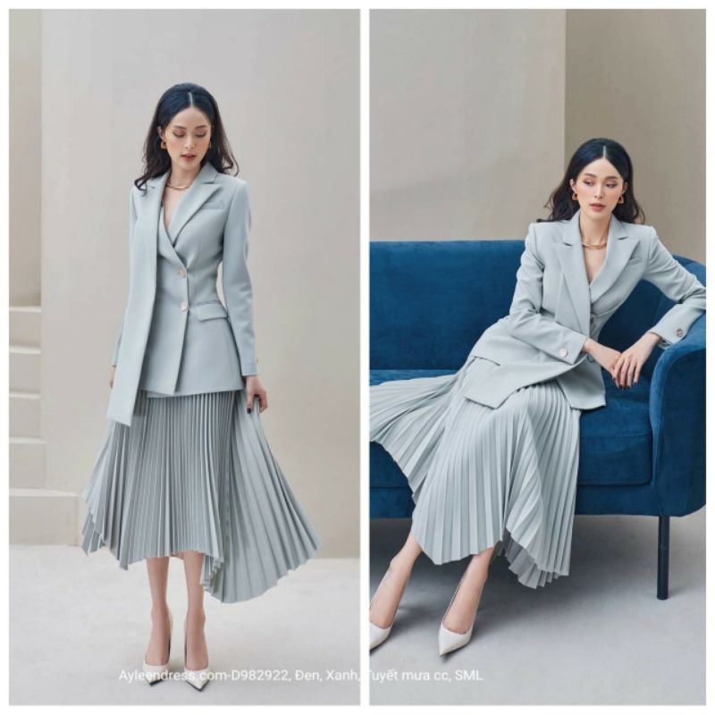 Set áo vest tay dài chân váy xếp ly sang trọng