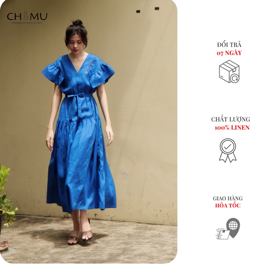Đầm linen 100% hàng thiết kế tay cách điệu tùng xòe | B.BRAVE long linen dress | CHAMULINEN