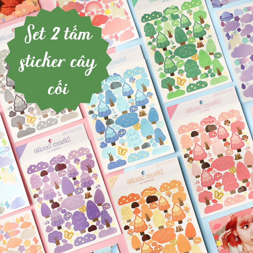 Set 2 tấm Sticker Cây Cối, Mây Trang trí sổ, bullet journal