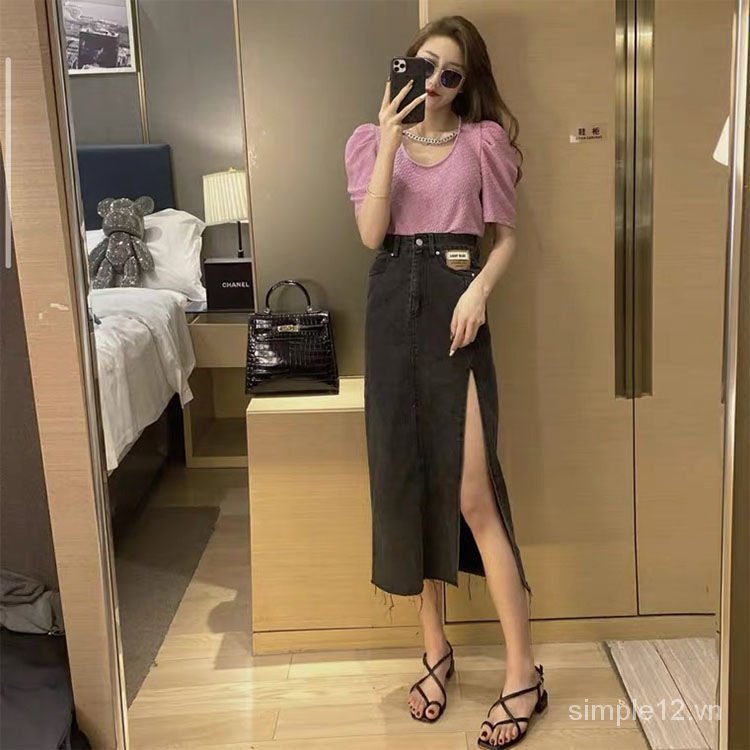 chân váy jean Lưng Cao Xẻ Tà Phong Cách Hàn Quốc 2021 Cho Nữ