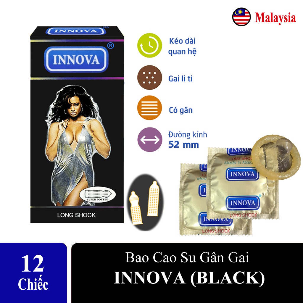 Combo 4 Hộp Bcs Gân Lớn INNOVA ĐEN, Hộp 12Cái. Bao Cao Su Innova Kéo Dài Thời Gian Quan Hệ, Tạo Cảm Giác Mạnh Cho Cả 2.