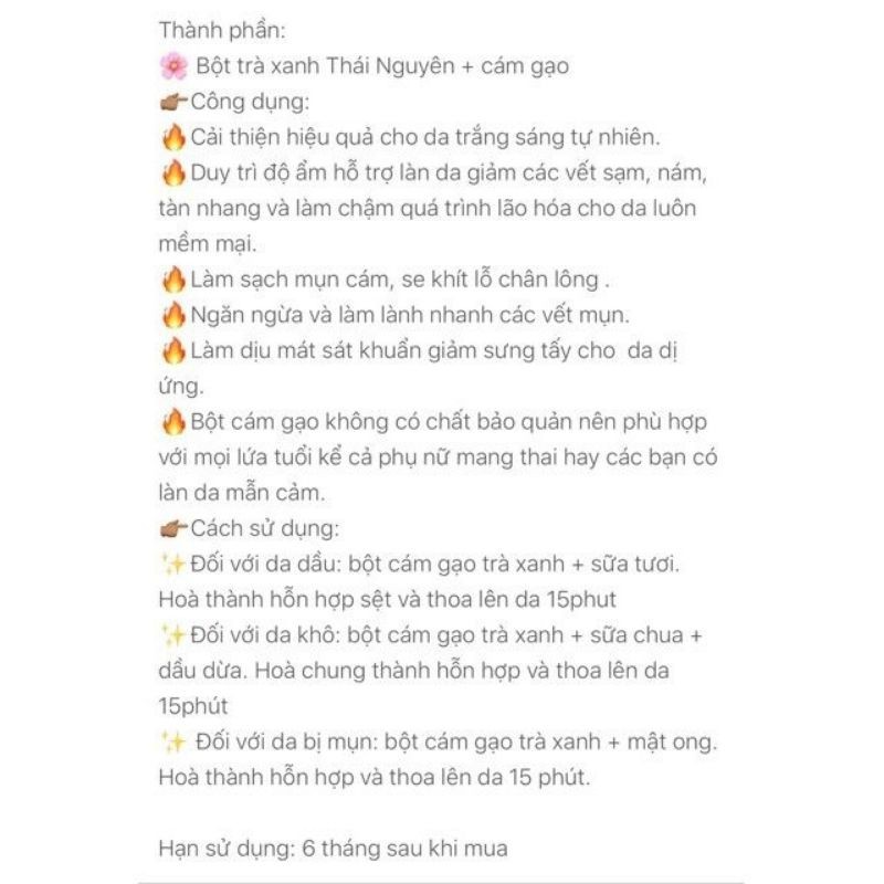 Bột cám gạo trà xanh nguyên chất handmade trắng mịn da hiệu quả