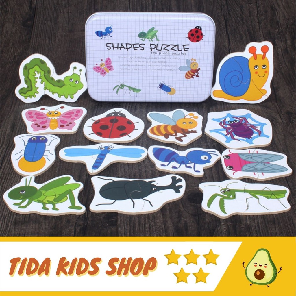 Đồ Chơi Xếp Hình Gỗ Shape Puzzle, Ghép Hình 2 Mảnh Nhiều Chủ Đề, Hộp Thiếc Giá Tốt ❤️ Freeship ❤️ TiDa Kids Shop