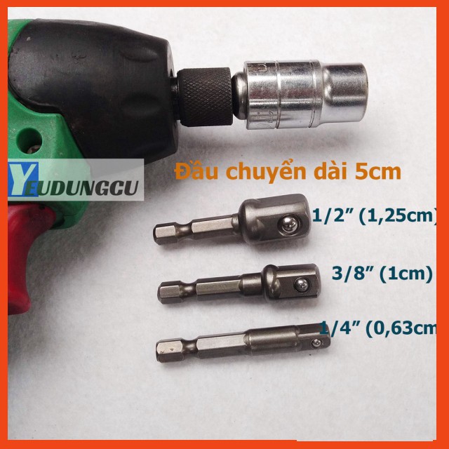 Bộ 3 đầu chuyển lục giác bắn vít sang Bulong 3 kích cỡ đầu ra 1/2 3/8 1/4