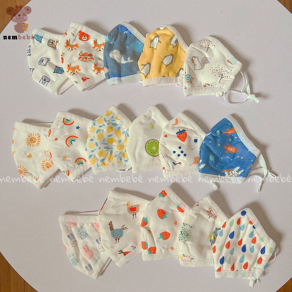 Khẩu Trang Vải 100% Cotton Loại A 8 Lớp Chống Bụi Không Lo Kích Ứng Da Bé Từ 0m Đến 3y Có Nút Điều Chỉnh - NemBeBé