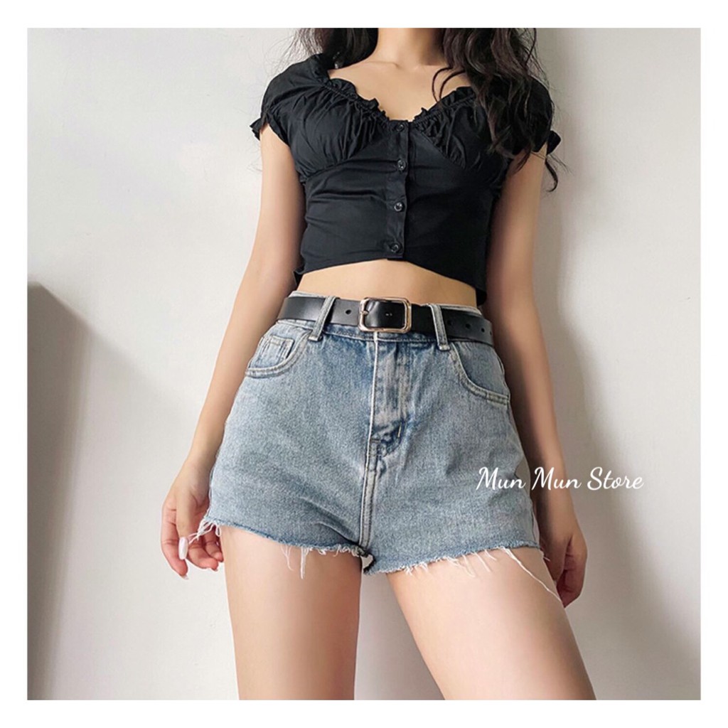 Quần short jeans nữ MunMunStore Lưng cao trơn màu xanh phong cách Hàn Quốc(ảnh + video thật) 8726