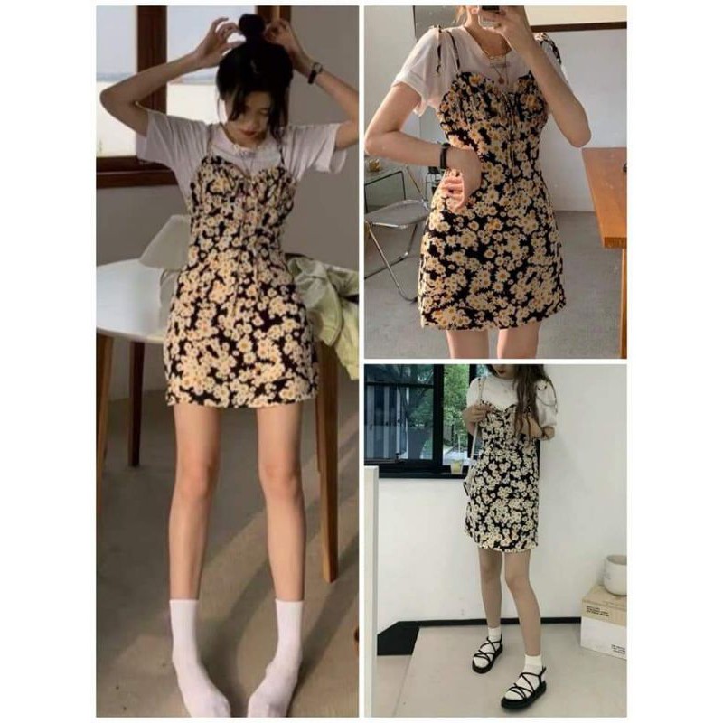 Set AT trơn TN + đầm yếm chiffon hoa cúc , ngực nhíu ply viền bèo, 2 dây thắt nơ