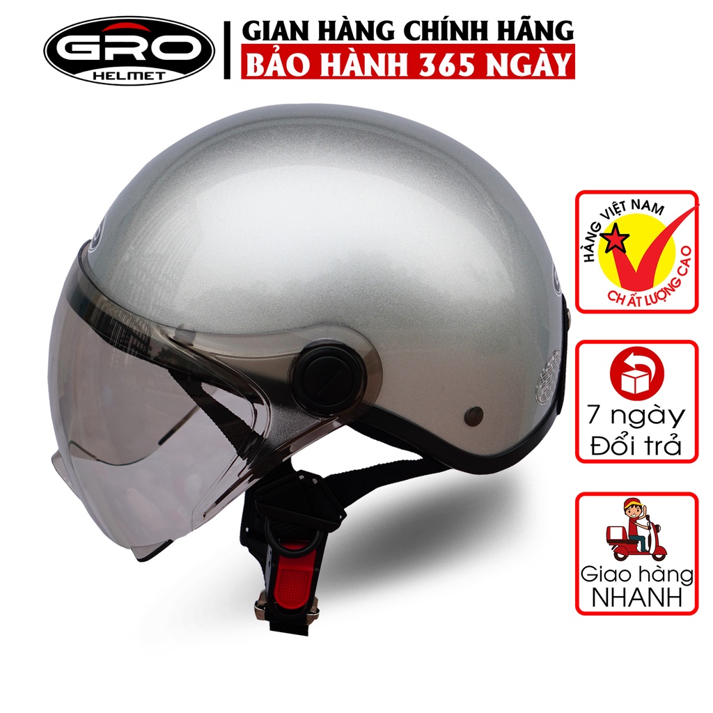 Mũ Bảo Hiểm Nửa Đầu Gro Chính Hãng, có kính che nửa mặt, kiểu dáng thời trang cho nam và nữ - Màu Bạc