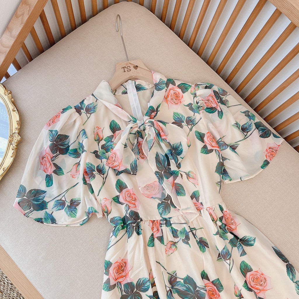 VÁY XÒE HOA HỒNG CỔ NƠ ĐẸP KIỂU DIỄM NỮ DK130 | BigBuy360 - bigbuy360.vn