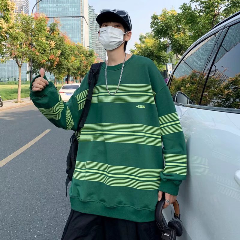 Áo thun tay dài dáng rộng họa tiết kẻ sọc màu sắc thời trang cho nam