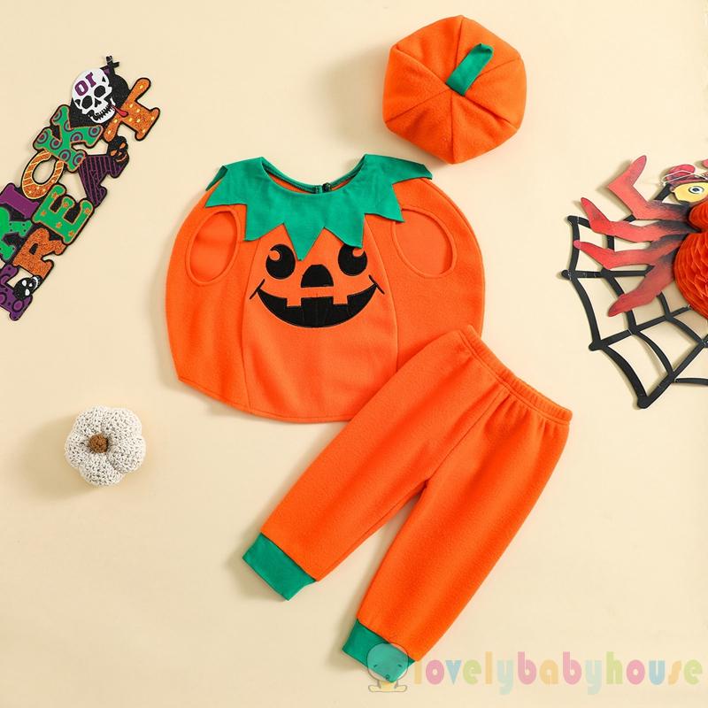 Bộ Trang Phục Hóa Trang Halloween Gồm Áo Tank Top Không Tay Hình Bí Ngô + Quần Màu Sắc Tương Phản + Nón Cho Bé