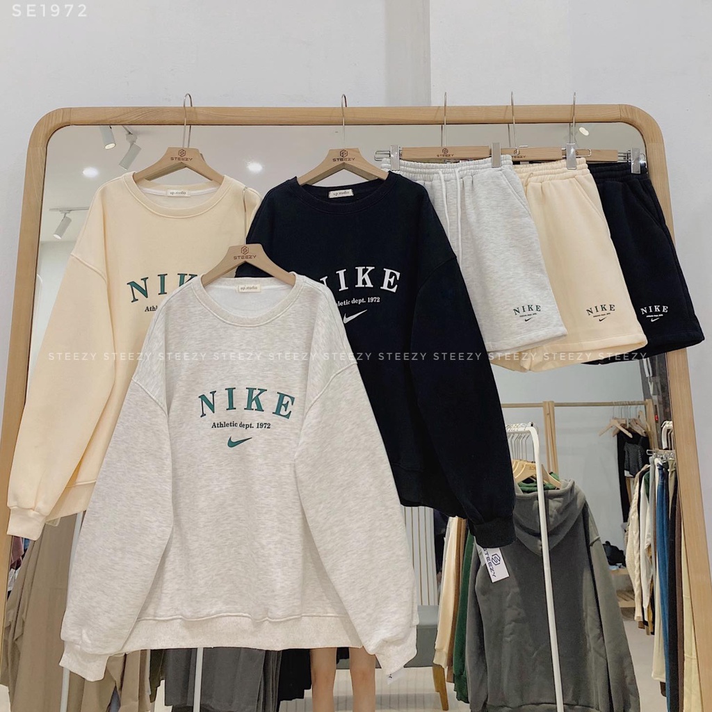 [SE1972] Set đồ bộ swe nỉ bông dày kèm quần short in N I K E tích form rộng (Có sẵn/Ảnh thật)