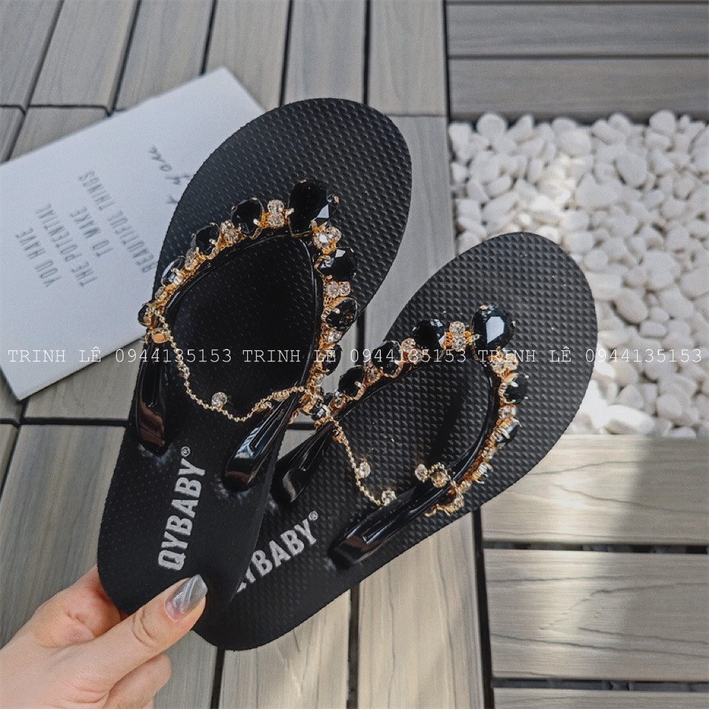 Dép Xỏ Ngón Nữ Đính Đá QC Cao 2cm Đế Cao Su Cao Cấp Êm Mềm Hot Trend TRINH LÊ SHOP GIÀY DÉP HTB66