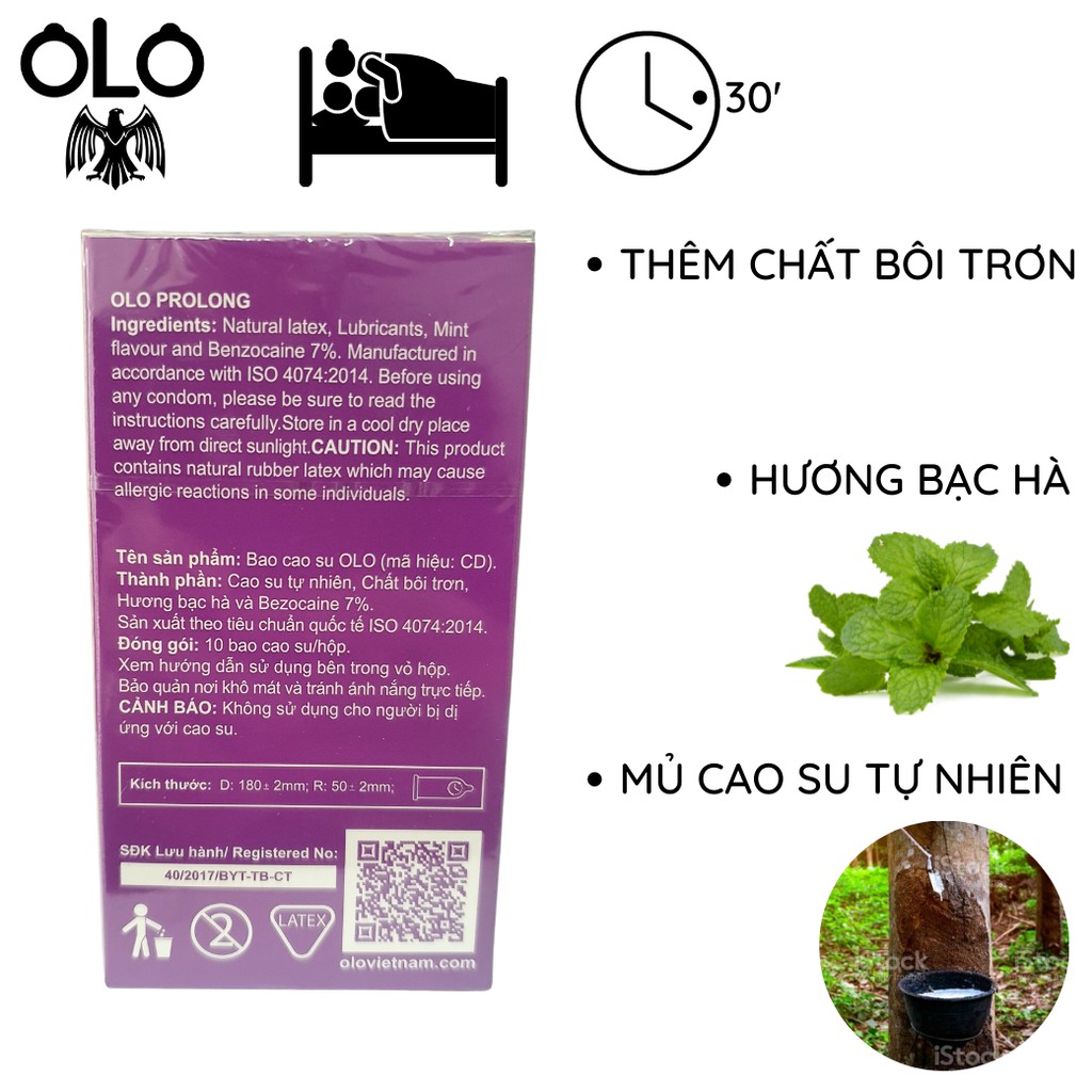 Bao cao su OLO PROLONG kéo dài thời gian siêu mỏng 10 bao/hộp tinh dầu bạc hà chống tuột