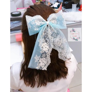 Kẹp nơ ren voan xanh handmade tiểu thư xinh xắn
