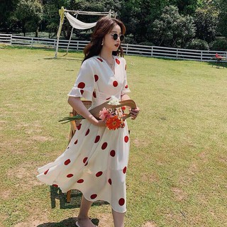 Váy ulzzang Đầm ulzzang đầm maxi trắng họa tiết chấm bi có thắt eo dễ thương nữ tính