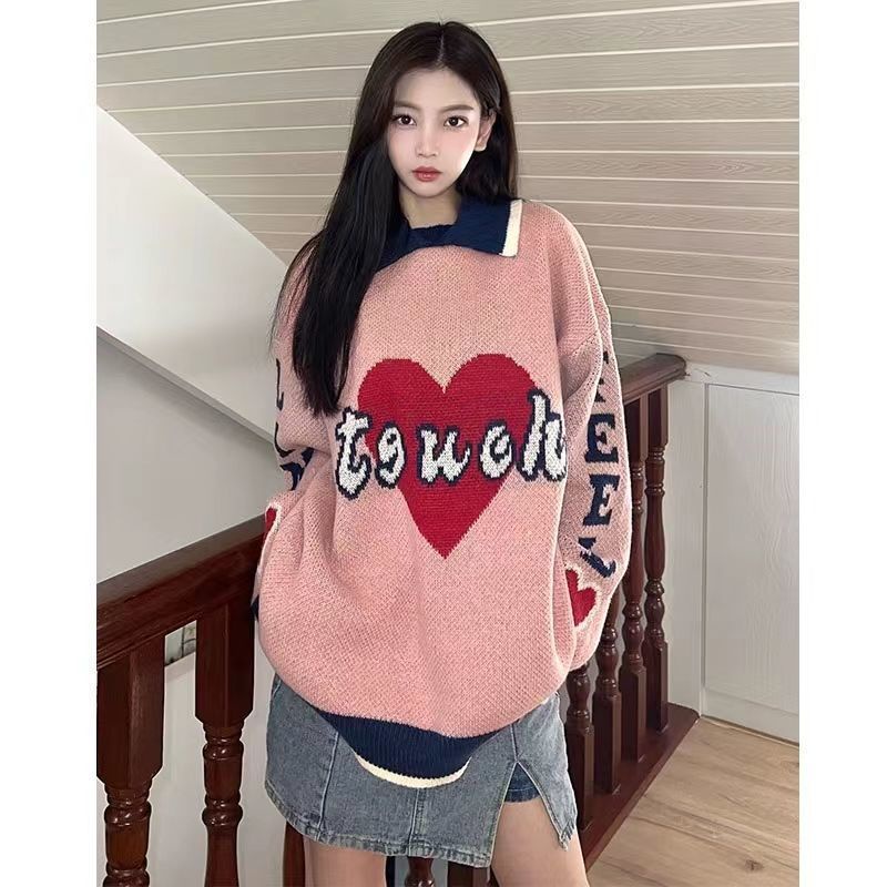 Retro pink letter love lapel sweater women's spring and autumn laziness design minority knitted shirt trend