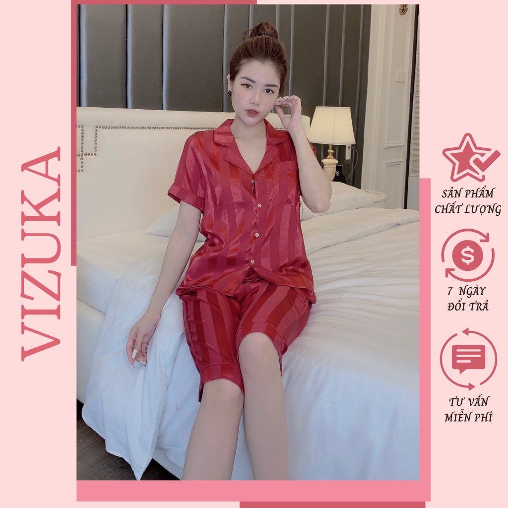 Đồ bộ nữ pijama lụa gấm tay ngắn quần lửng chất liệu gấm tơ mát lạnh VIZUKA DB4001
