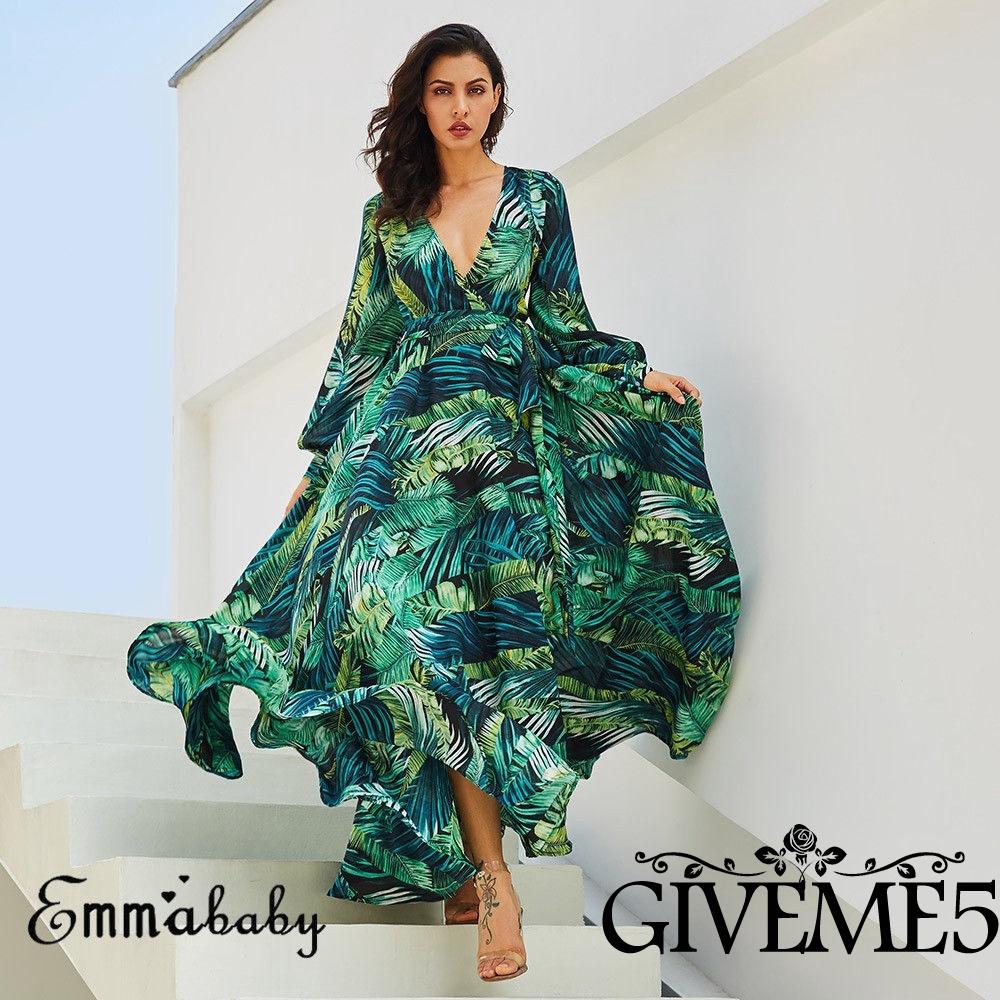 Đầm dáng rộng tay dài cổ chữ V in hoa thời trang dành cho nữ