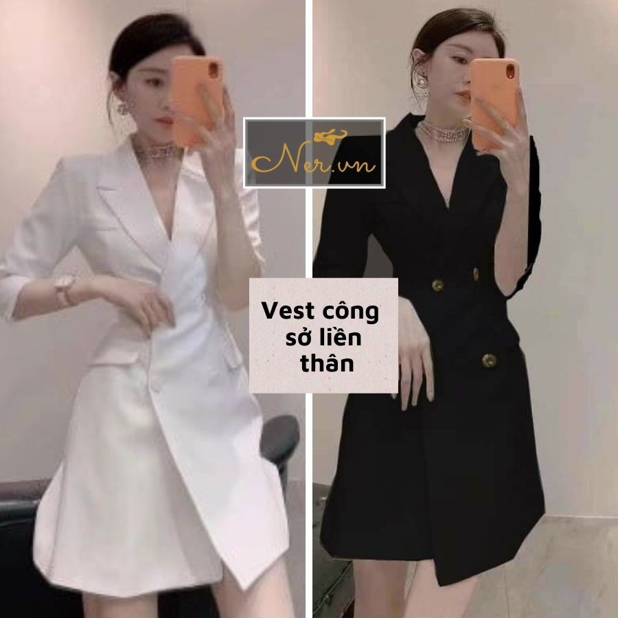 Đầm vest công sở tay lửng KÈM lót trong có dây cột cố định tà hai màu đen trắng mẫu mới thu đông 2021 -NER -N118