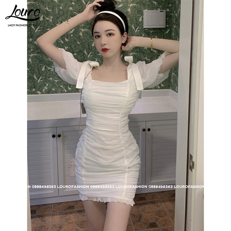 Đầm body trắng cổ vuông tay phồng, mẫu đầm nhún eo che khuyết điểm hiệu quả, tôn dáng tôn da -L065 | BigBuy360 - bigbuy360.vn