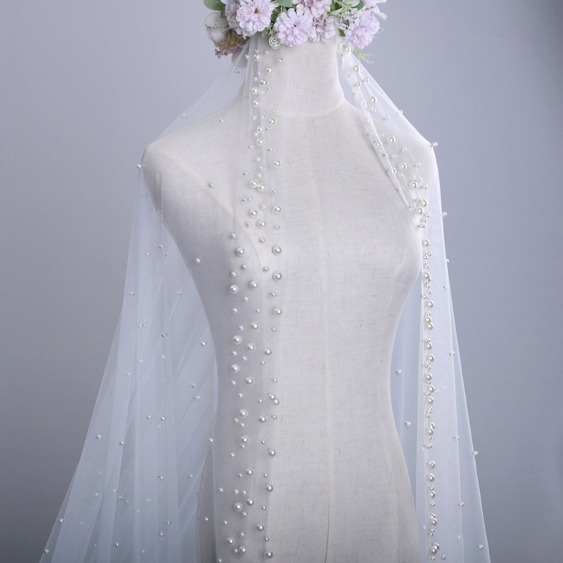 Mạng Che Mặt 1 Lớp Vải Tuyn Đính Ngọc Trai Cho Cô Dâu