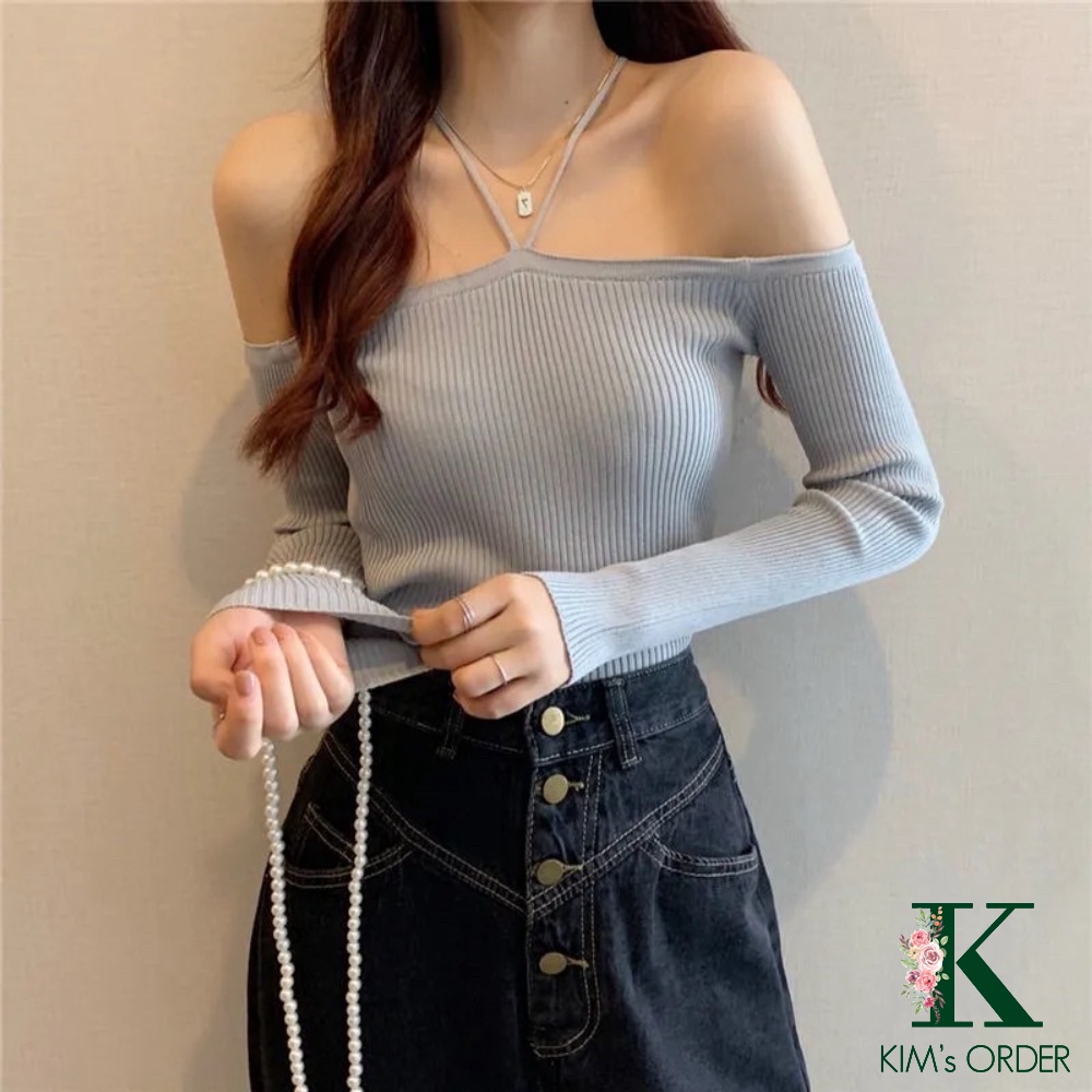 Áo len nữ cổ dây yếm màu đen trắng ghi trễ ngang vai cổ thuyền dài tay phom ôm chất đẹp co dãn đi tiệc sang chảnh
