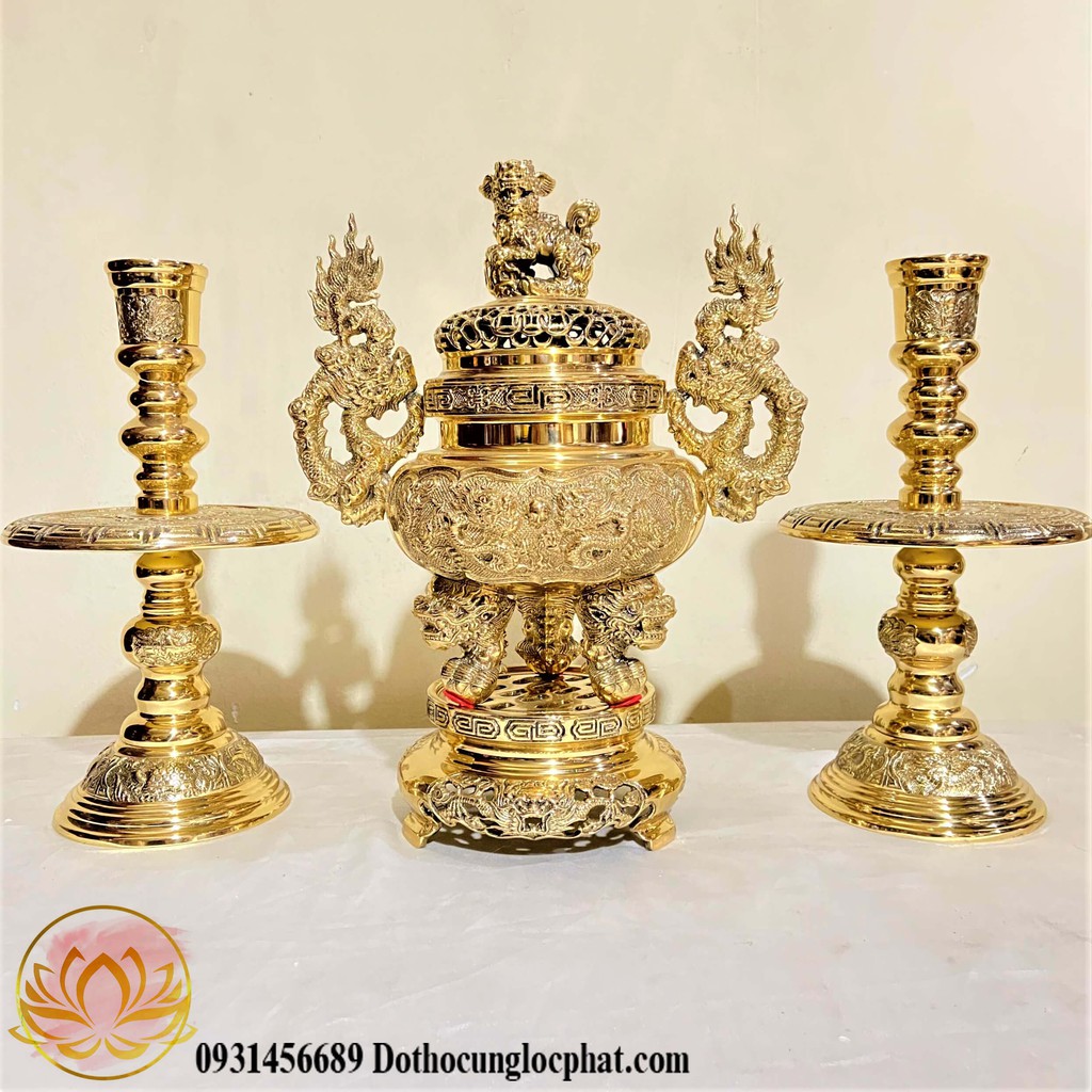 Bộ Tam Sự Đỉnh Tròn Bằng Đồng Cao 28cm thương hiệu Vĩnh Tiến sản xuất tại Việt Nam