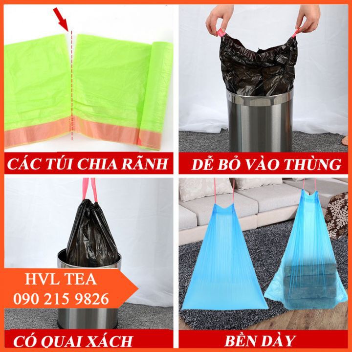 Cuộn Túi ni lông đựng rác có dây rút miệng, tiện dụng, TDR - HVL TEA