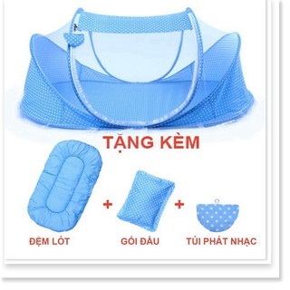 Màn, mùng, nôi chụp cho em bé có nhạc, kèm đệm lót, gối đầu