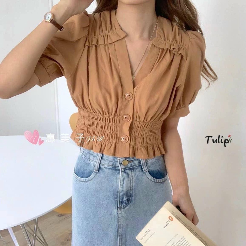 Áo Sơ Mi Von Cổ Bẻ Có Cài Nút To Ngắn Tay Phối Nhún Đuôi Tà Áo Cute TTKXA0440