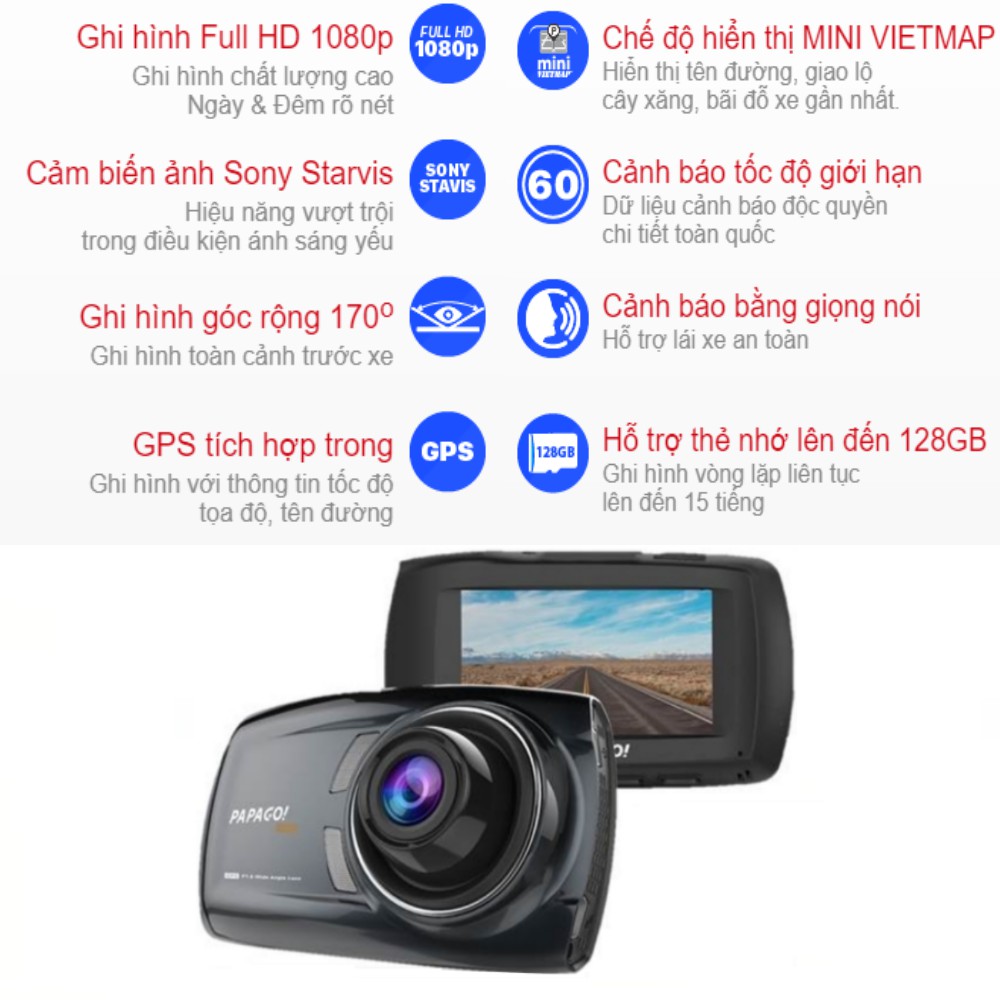Camera hành trình Ô tô Vietmap S70G PAPAGO GOSAFE - Bảo hành 12 tháng Chính hãng