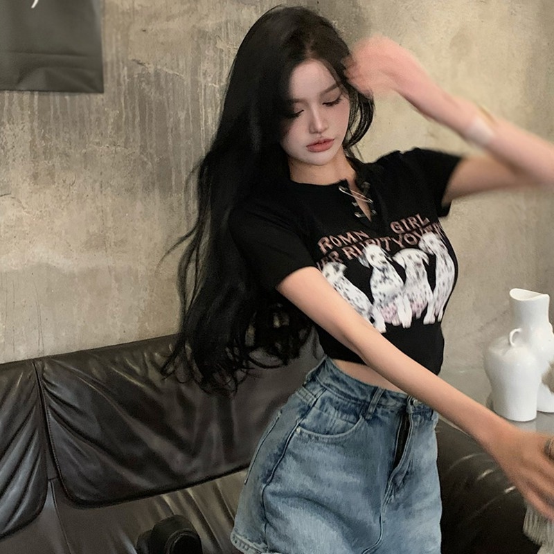 Áo Thun Croptop Cổ Tròn In Hình Động Vật Phong Cách Hàn Quốc Xinh Xắn Cho Nữ