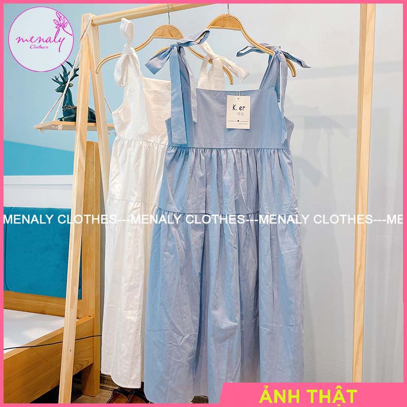 Váy babydoll dáng dài VH019, mẫu váy 2 dây bản to dáng váy ulzzang buộc nơ kiểu dáng đáng yêu, bầu bí bon chen được