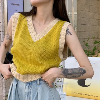 Áo Dệt Kim Sát Nách Cổ Chữ V Màu Sắc Tương Phản 45023