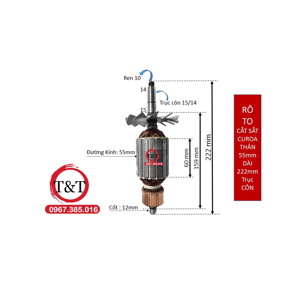 RÔ TO MÁY CẮT SẮT BÀN DUNG DÂY CU ROA THÂN 55MM DÀI 222MM TRỤC CÔN, RUỘT CẮT SẮT CUROA T55 CÔN