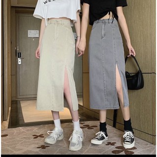 [sẵn] Chân váy jean dài xẻ lệch 1 bên