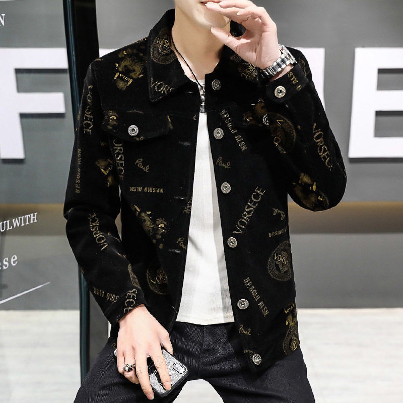 Áo khoác nhung in họa tiết phong cách xuân thu thời trang cá tính cho nam