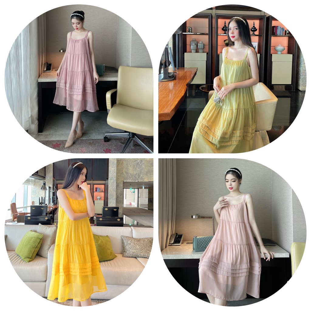 🌟 VÁY hai dây voan TƠ xếp LI NGANG 3 TẦNG 2 LỚP sang chảnh dáng xuông tiểu thư